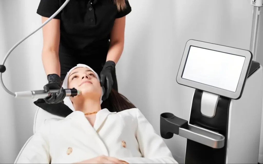 XERF Facial RF Treatment Session Patient receiving XERF radiofrequency treatment on the face at a Singapore aesthetic clinic