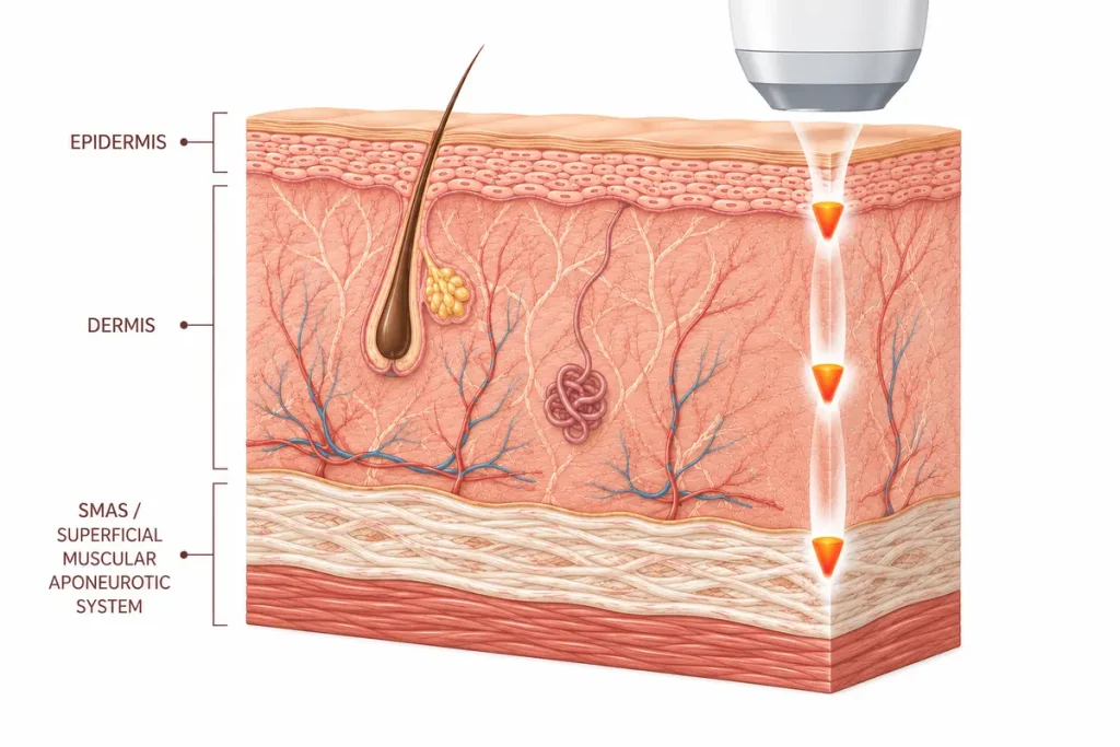 Ultherapy ultrasound treatment depths in skin layers Skin layer diagram showing ultrasound treatment depths at 1.5mm, 3.0mm and 4.5mm to the SMAS