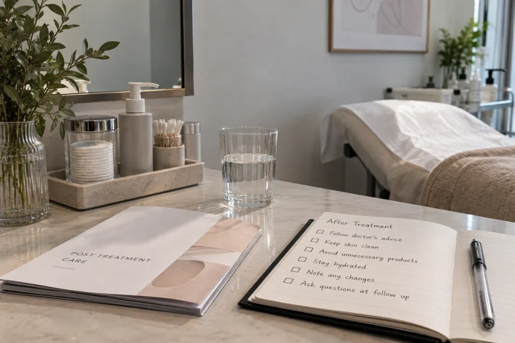 After-treatment checklist and aftercare leaflet Open notebook with an “After Treatment” checklist and a post-treatment care leaflet on a clinic counter