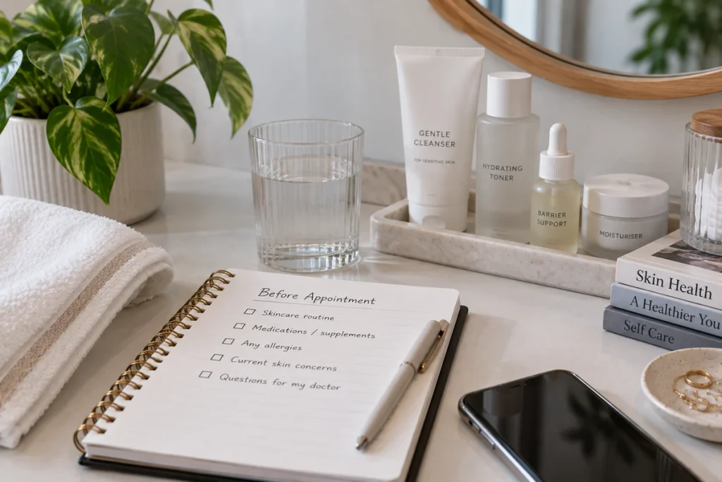Before-appointment checklist for Profhilo treatment Notebook open to a “Before Appointment” checklist covering skincare routine, medications and supplements, allergies, skin concerns and questions for the doctor